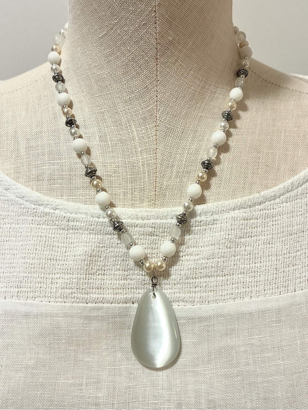 White and Silver Bead Necklace with Large Pendant